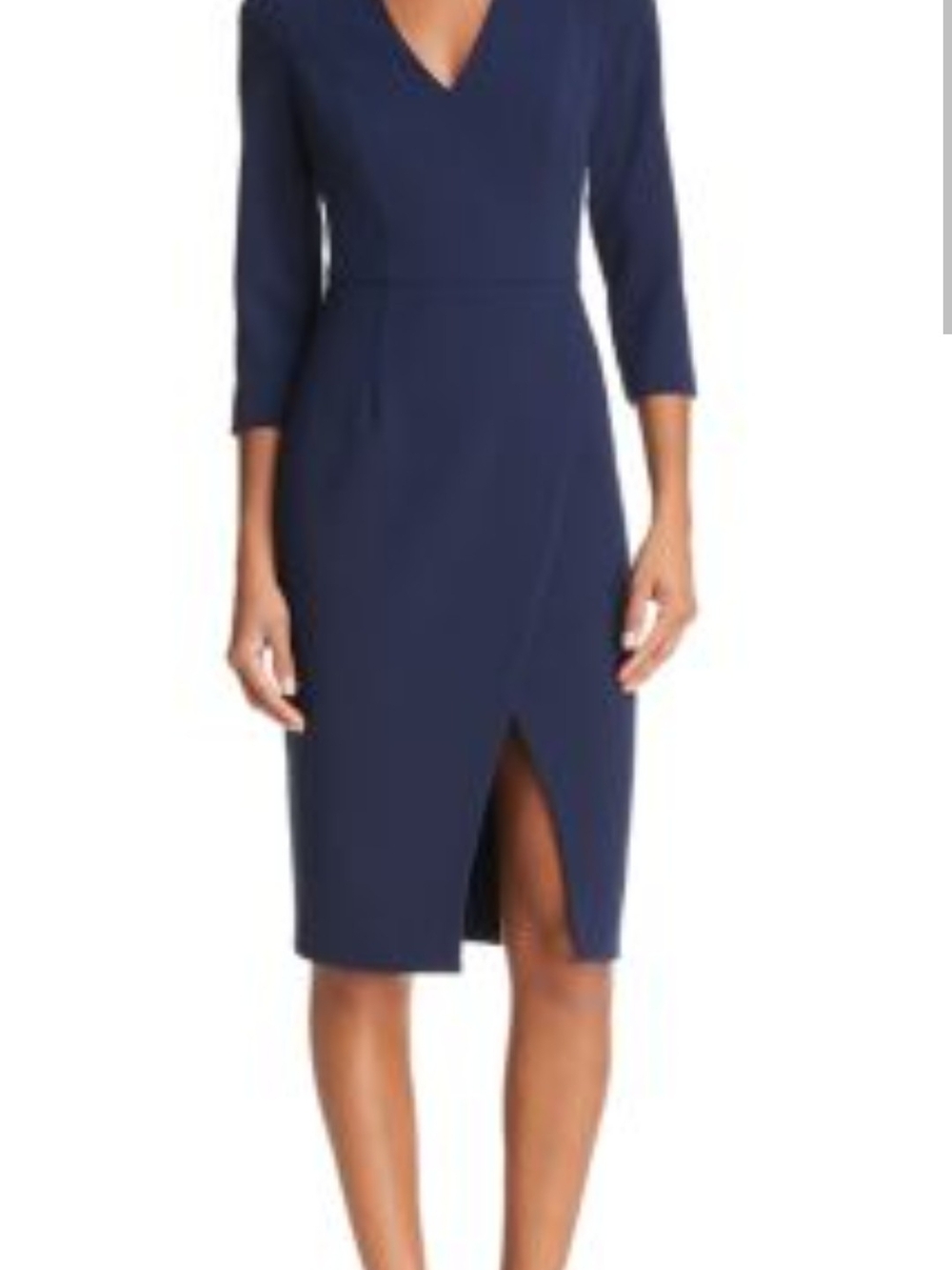 Black Halo Navy V-Neck Midi Dress with Front Slit